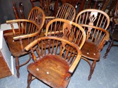 A SET OF THREE 19th.C BEECH AND ELM WINDSOR ARMCHAIRS WITH CRINOLINE STRETCHER TOGETHER WITH A