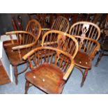 A SET OF THREE 19th.C BEECH AND ELM WINDSOR ARMCHAIRS WITH CRINOLINE STRETCHER TOGETHER WITH A