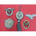 THIRD REICH LUFTWAFFE PILOTS BADGE IN METAL AND ONE IN CLOTH, AN AIR GUNNER'S BADGE AND A