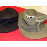 A COMPOSITE MOUNTAIN TROOP FELDMUTZE OR CAP TOGETHER WITH A COPY BLACK WOOLLEN EXAMPLE. (2)