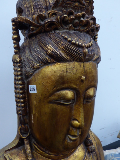 A GOLD LACQUERED WOOD HEAD OF GUANYAN WEARING A JEWELLED DIADEM AND A HALF DAISY HEAD PENDANT. H. - Image 2 of 5