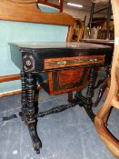 A VICTORIAN AESTHETIC EBONISED AND BURRWOOD WORK TABLE WITH FITTED WRITING INTERIOR OVER SEWING TRAY