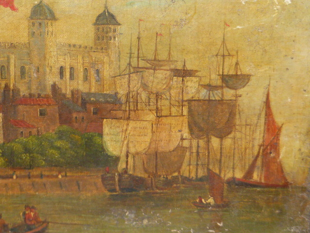 19th.C.ENGLISH NAIVE SCHOOL. THE TOWER OF LONDON, OIL ON CANVAS. 31 x 40.5cms. - Image 3 of 9