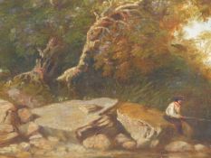 19th.C.ENGLISH SCHOOL. FISHING BY THE BROOK, OIL ON CANVAS. 36 x 46cms.