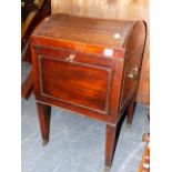 A GEO.III.MAHOGANY CELLARETTE WITH FAUX TAMBOUR DECORATED DOME TOP RISING LID, FITTED INTERIOR ON