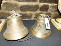 TWO BELLS, ONE BEARING THE INSIGNIA THE ROYAL ARMY SERVICE CORPS, LACKING IT'S CLAPPER. (2)