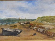 19th.C.ENGLISH SCHOOL. A BLUSTERY COASTAL VIEW, SIGNED INDISTINCTLY OIL ON CANVAS. 31 x 46cms.