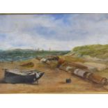 19th.C.ENGLISH SCHOOL. A BLUSTERY COASTAL VIEW, SIGNED INDISTINCTLY OIL ON CANVAS. 31 x 46cms.