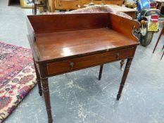 A MAHOGANY WASHSTAND WITH 3/4 GALLERY RAISED ABOVE THE SATIN WOOD BANDED RECTANGULAR TOP, APRON