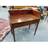 A MAHOGANY WASHSTAND WITH 3/4 GALLERY RAISED ABOVE THE SATIN WOOD BANDED RECTANGULAR TOP, APRON