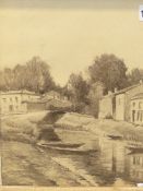 ATTRIBUTED TO RENE EMILE CHARLES COULON. (1882-1974) A FRENCH CANAL, SIGNED CHARCOAL DRAWING. 29 x