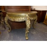 A GILTWOOD DEMI LUNE TABLE, CABRIOLE LEGS CARVED WITH ROSES AND FOLIAGE. 125 x 64 x H.80cms.