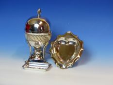 A VICTORIAN SILVER PLATE EGG CODDLER/WARMER TOGETHER WITH AN EPNS FLUTED HEART TRINKET DISH AND A