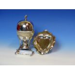 A VICTORIAN SILVER PLATE EGG CODDLER/WARMER TOGETHER WITH AN EPNS FLUTED HEART TRINKET DISH AND A