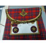 D M GOUDIELOCK Ltd.,GLASGOW. A TARTAN BORDERED MASONIC APRON AND SASH, THE FORMER WITH THE INITIAL