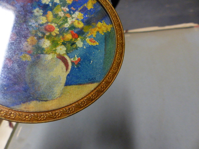 DAY, A MINIATURE WATERCOLOUR OF A JUG OF FLOWERS, WITHIN RIBBON TOPPED GILT METAL FRAME. Dia.8. - Image 3 of 6