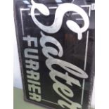 A GOOD DOUBLE SIDED ADVERTISING GLASS SIGN IN IRON FRAME, SALTER, FURRIER. 92 x 61cms.