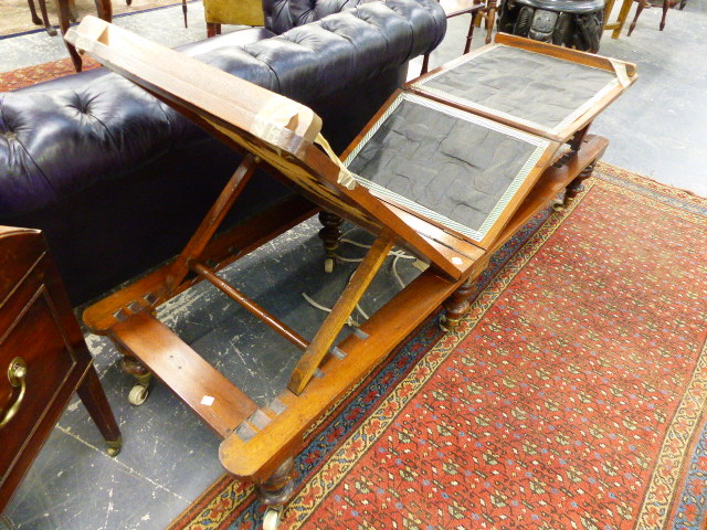 A 19th.C.MAHOGANY ADJUSTABLE CAMPAIGN TYPE FOLDING DAY BED ON TURNED LEGS WITH CERAMIC CASTERS. - Image 13 of 14