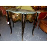 A VARIEGATED GREEN MARBLE TOP BOULLE STYLE CONSOLE TABLE APPLIED WITH A MASK CENTRAL TO THE APRON