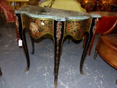 A VARIEGATED GREEN MARBLE TOP BOULLE STYLE CONSOLE TABLE APPLIED WITH A MASK CENTRAL TO THE APRON