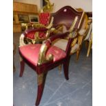 A PAIR OF NEO-CLASICAL STYLE ELBOW CHAIRS, THE LEAF TOPPED ARMS RUNNING DOWN TO UPHOLSTERED SEATS