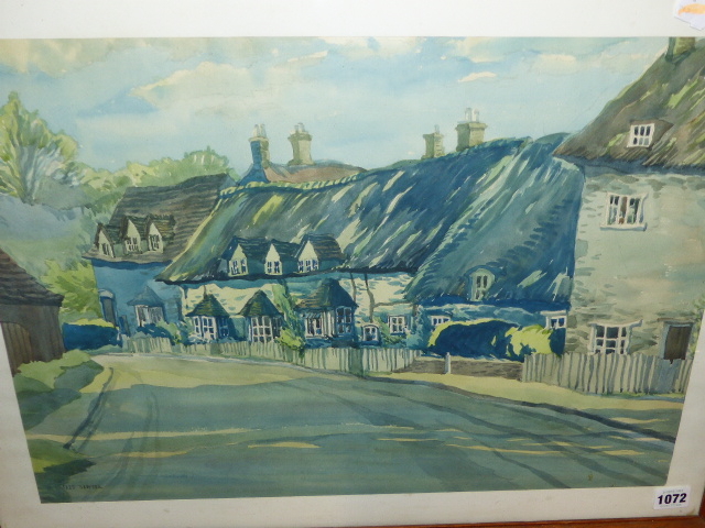FRED SAWYER. 20th.C.ENGLISH SCHOOL. ARR. THATCHED COTTAGES, SIGNED WATERCOLOUR. 37.5 x 53.5cms. - Image 2 of 4