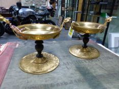 A PAIR OF 19th.C.TREFOIL HANDLED ORMOLU SHALLOW CUPS WITH BRONZE BALUSTER STEMS AND DISCOID