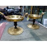 A PAIR OF 19th.C.TREFOIL HANDLED ORMOLU SHALLOW CUPS WITH BRONZE BALUSTER STEMS AND DISCOID