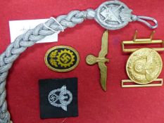 LARGE THIRD REICH GILT ALLOY PARTY BUCKLE, THIRD REICH MARKSMAN'S LANYARD, POLICE BEVO BADGE,