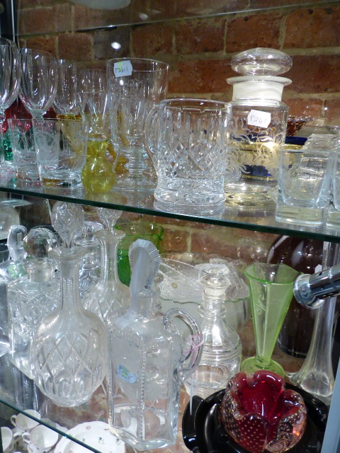 THREE PAIRS OF DECANTERS, OTHERS, PART DRINKING SETS, VASES, BOWLS AND OTHER GLASS. (LARGE QTY.)