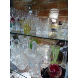 THREE PAIRS OF DECANTERS, OTHERS, PART DRINKING SETS, VASES, BOWLS AND OTHER GLASS. (LARGE QTY.)