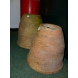 TWO TERRACOTTA RHUBARB FORCERS AND COVERS. H.50 & 44cms.