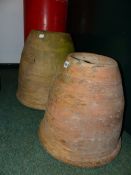 TWO TERRACOTTA RHUBARB FORCERS AND COVERS. H.50 & 44cms.