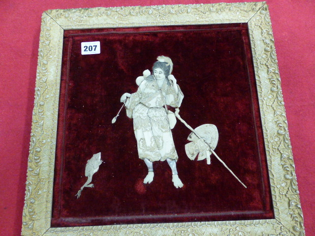 A JAPANESE RED VELVET PANEL INLAID IN IVORY AND MOTHER OF PEARL WITH GAMA SENNIN AND ASSOCIATED