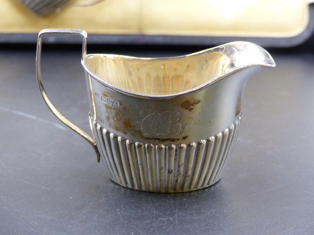 A CAMPBELL & LUMBY CASED SILVER THREE PIECE TEASET, THE HALF GADROONED TEA POT AND CREAM JUG, - Image 8 of 12