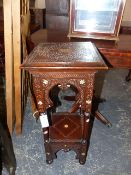 AN EARLY 20tH.C.MOORISH STYLE TWO TIER JARDINIERE STAND WITH CARVED AND INLAID DECORATION. 33 x 33 x