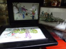 THREE CHINESE FRAMED PORCELAIN PLAQUES PAINTED WITH A FISHING PARTY, UNIFORMED YOUTHS BEING TAUGHT