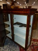 A 19th.C.WALL MOUNTED DISPLAY CABINET WITH GILT BRASS EDGED GLAZED PANEL DOORS ENCLOSING