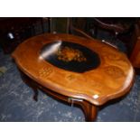A FRENCH 19th.C.MARQUETRY INLAID SHAPED CENTRE TABLE WITH FRIEZE DRAWER ON LONG CABRIOLE LEGS.