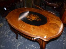 A FRENCH 19th.C.MARQUETRY INLAID SHAPED CENTRE TABLE WITH FRIEZE DRAWER ON LONG CABRIOLE LEGS.