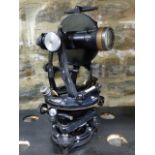 A VINTAGE MAHOGANY CASED SURVEYOR'S LEVEL THEODOLITE BY R.WATTS, LONDON TOGETHER WITH AN