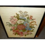 TWO VICTORIAN FRAMED NEEDLEPOINT PANELS, THE HUNTSMAN AND SUMMER FLOWERS. (2)