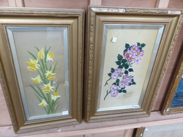 19th.C.SCHOOL. TWO WATERCOLOUR BOTANICAL STUDIES ON SILK, EACH IN GILT FRAME, LARGEST.