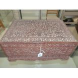 AN ANGLO INDIAN ELABORATELY CARVED HARDWOOD WORK BOX WITH LIFT TOP AND MIRROR BACK ENCLOSING