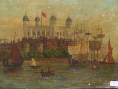 19th.C.ENGLISH NAIVE SCHOOL. THE TOWER OF LONDON, OIL ON CANVAS. 31 x 40.5cms.