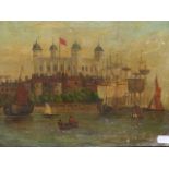 19th.C.ENGLISH NAIVE SCHOOL. THE TOWER OF LONDON, OIL ON CANVAS. 31 x 40.5cms.