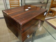 A BRASS LINE INLAID COROMANDEL WOOD DRESSING TABLE BOX WITH OLD SHEFFIELD PLATE AND CUT GLASS