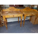 A PAIR OF OCHRE PAINTED VICTORIAN PINE WASHSTANDS, THE THREE QUARTER GALLERIED RECTANGLUAR TOPS