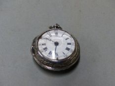 A SILVER PEAR CASED POCKET WATCH, THE INNER CASE WITH FAINT MARKS, THE FUSEE MOVEMENT BY J COLLIBER,