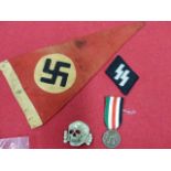 SS COLLAR TAB AND LARGE SS TYPE CAP BADGE AND AN ITALIAN AND GERMAN AFRICA CAMPAIGN MEDAL AND A